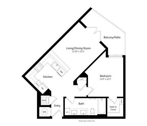 Floor plan for 1 bed, 1 bath, 661 sqft